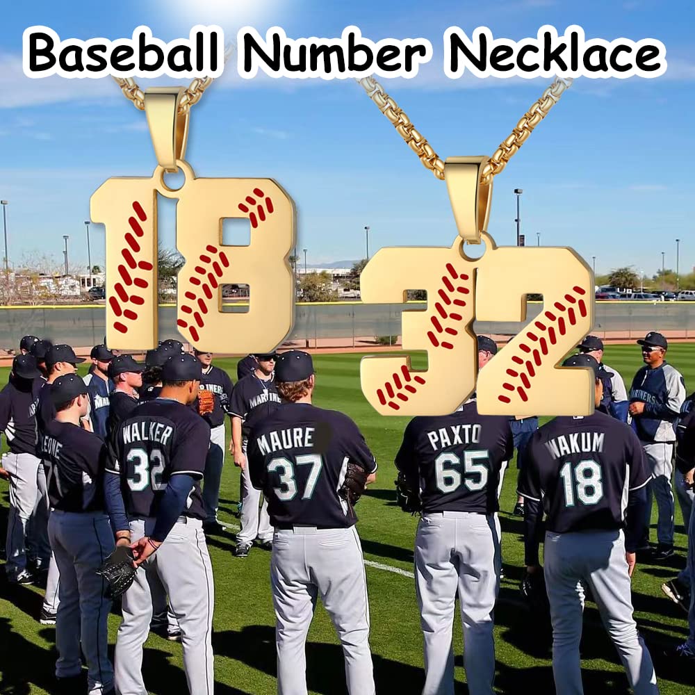 AIAINAGI Men's Baseball Number Necklace - 00-99 Stainless Steel, Gold Plated Chain Baseball Charm Pendant