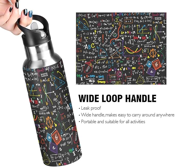 ALAZA Mathematics Education Geometrical Plots Formulas Water Bottle With Straw Lids Boys Girls,Vacuum Insulated Leakproof Stainless-Steel Sports Bottle Thermal Flask For Gym Yoga Camping,34Oz (1000Ml)