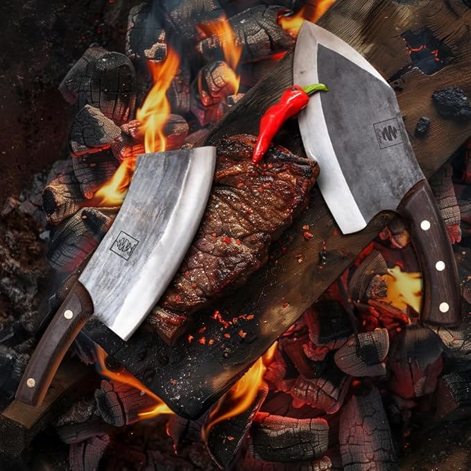 COOLINA Knife Set – Lixy Hand-Forged Butcher Knife & Chef Knife Bundle – Full Tang Carbon Steel Cleaver and Cooking Knife with Wooden Handles – Professional Kitchen & BBQ Knives