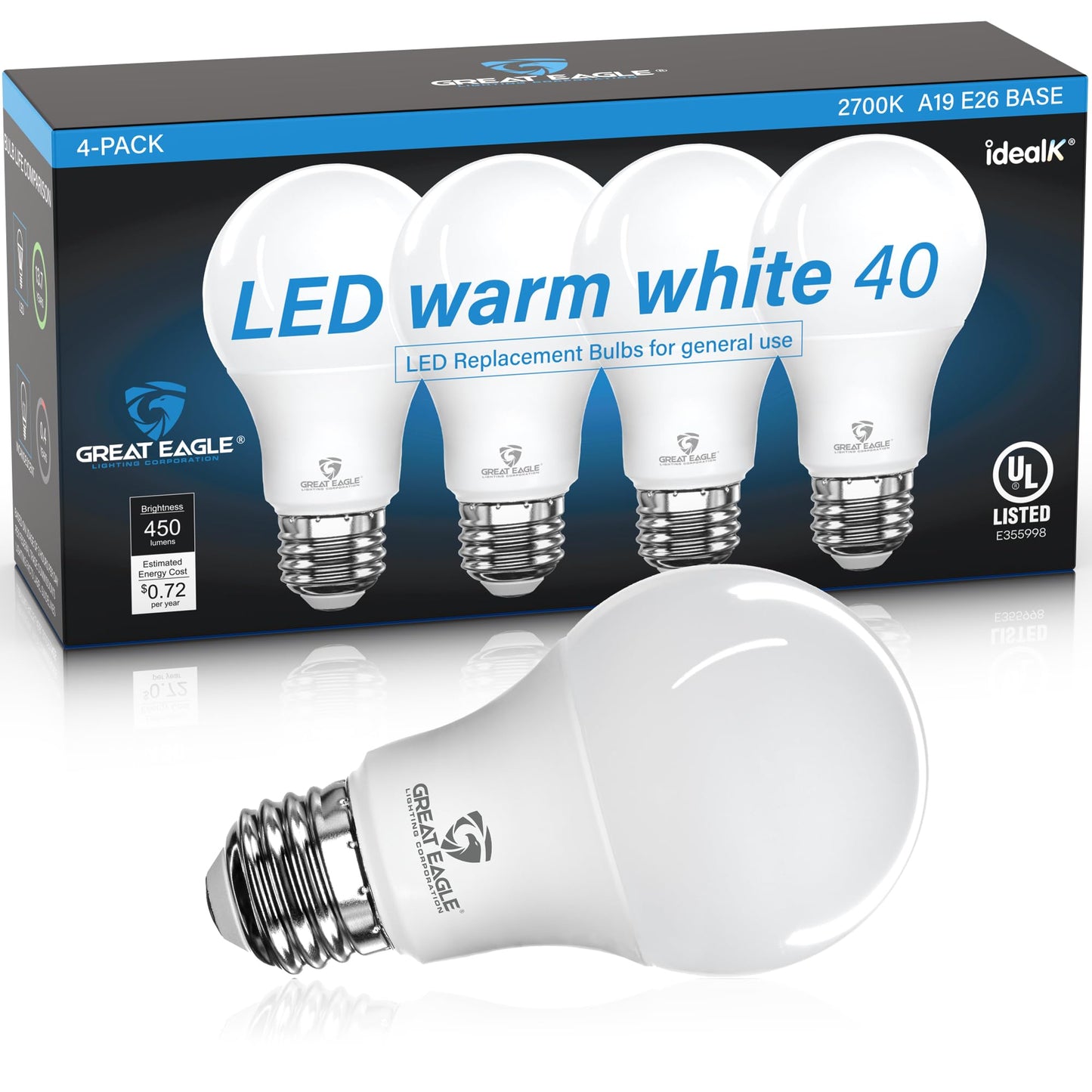 Great Eagle A19 LED Light Bulbs 40 Watt Equivalent - UL Listed - 2700K 40 Watt Light Bulbs Warm White, 6W Non Dimmable, Standard Replacement (4 Pack)