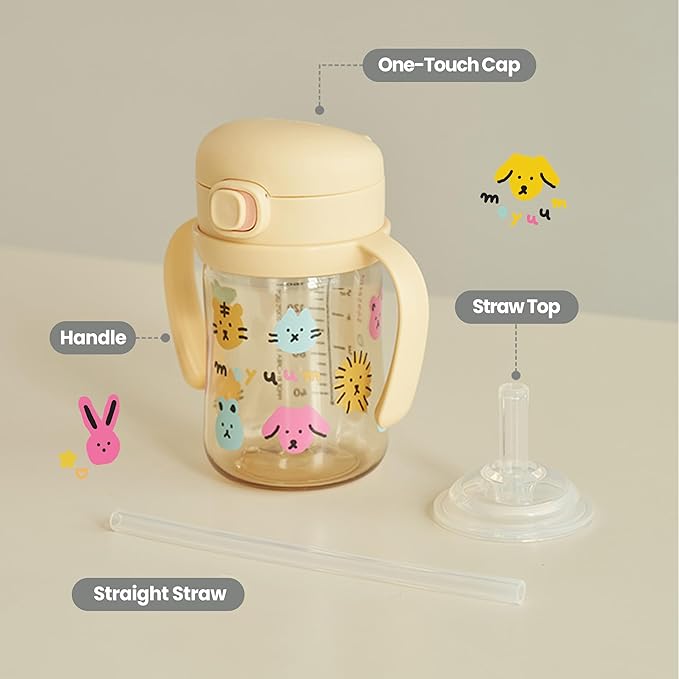 MOYUUM Leak Proof Sippy Cup with Handle | Made in Korea, 100% BPA Free PPSU, Magic No Spill Straw Cup with Attached Flip Top Lid, Easy to Hold for Babies and Toddlers, 6oz Yellow