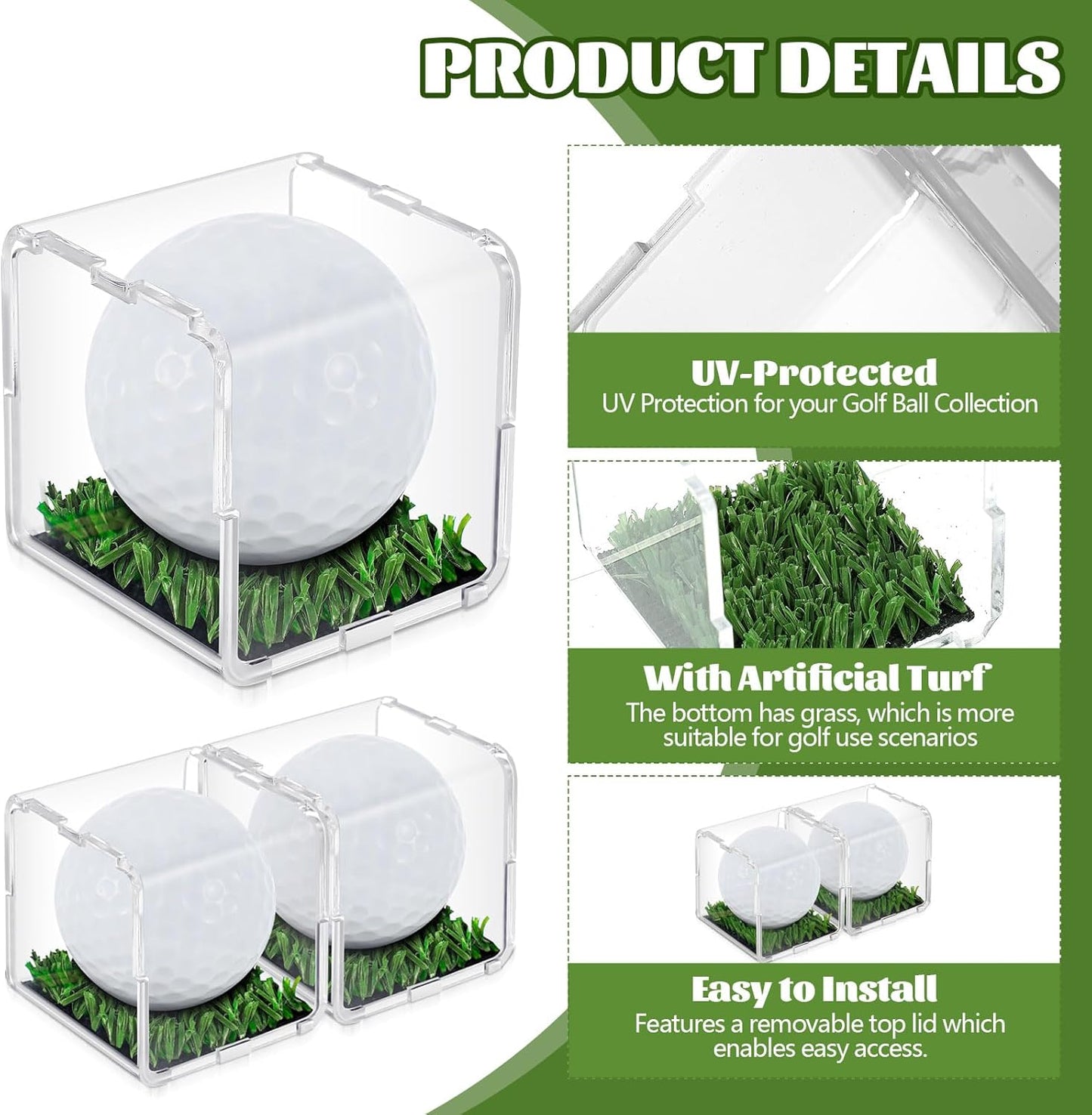 Tioncy 2 Pcs UV Protected Golf Ball Holder Display Case with Turf 2x2 x2 Inch Clear Acrylic Golf Ball Hole in one Stand Display Case Storage Box for Memorabilia Autograph Souvenir Collection