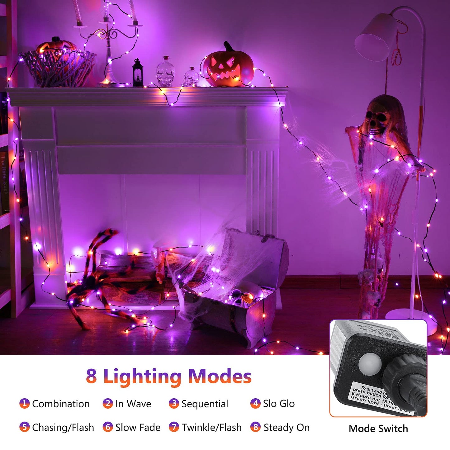 Brizled Orange & Purple Halloween String Lights - 72Ft 200 Led Outdoor Connectable  8 Modes  Indoor Tree Black Wire For Party Haunted House Decor