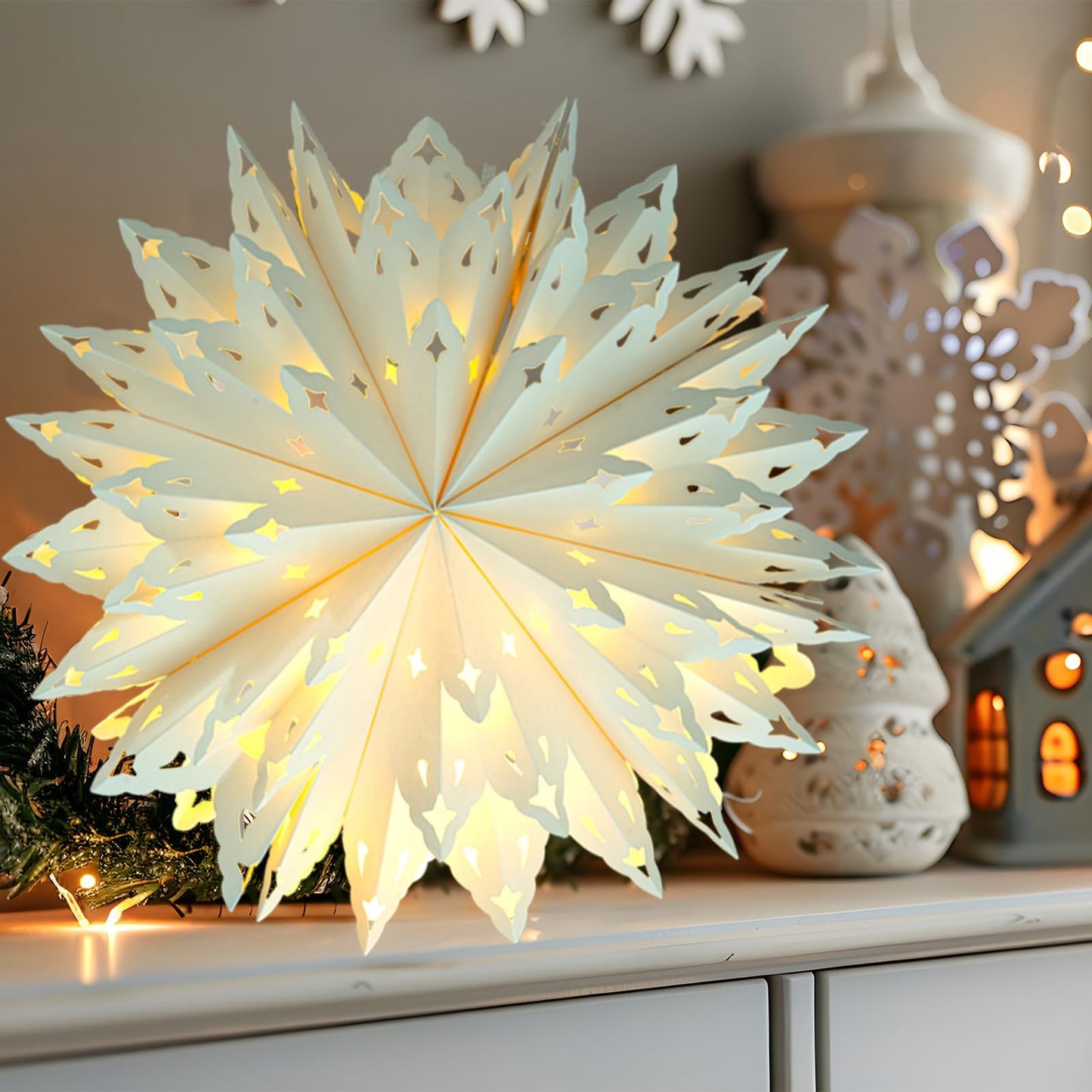 5 Pack Christmas Paper Snowflake Lanterns  Christmas Paper Star Lantern With Led Light White Hanging Lamp Ornaments For Xmas Tree New Year Winter Frozen Weddings Birthday Holiday Party Decorations
