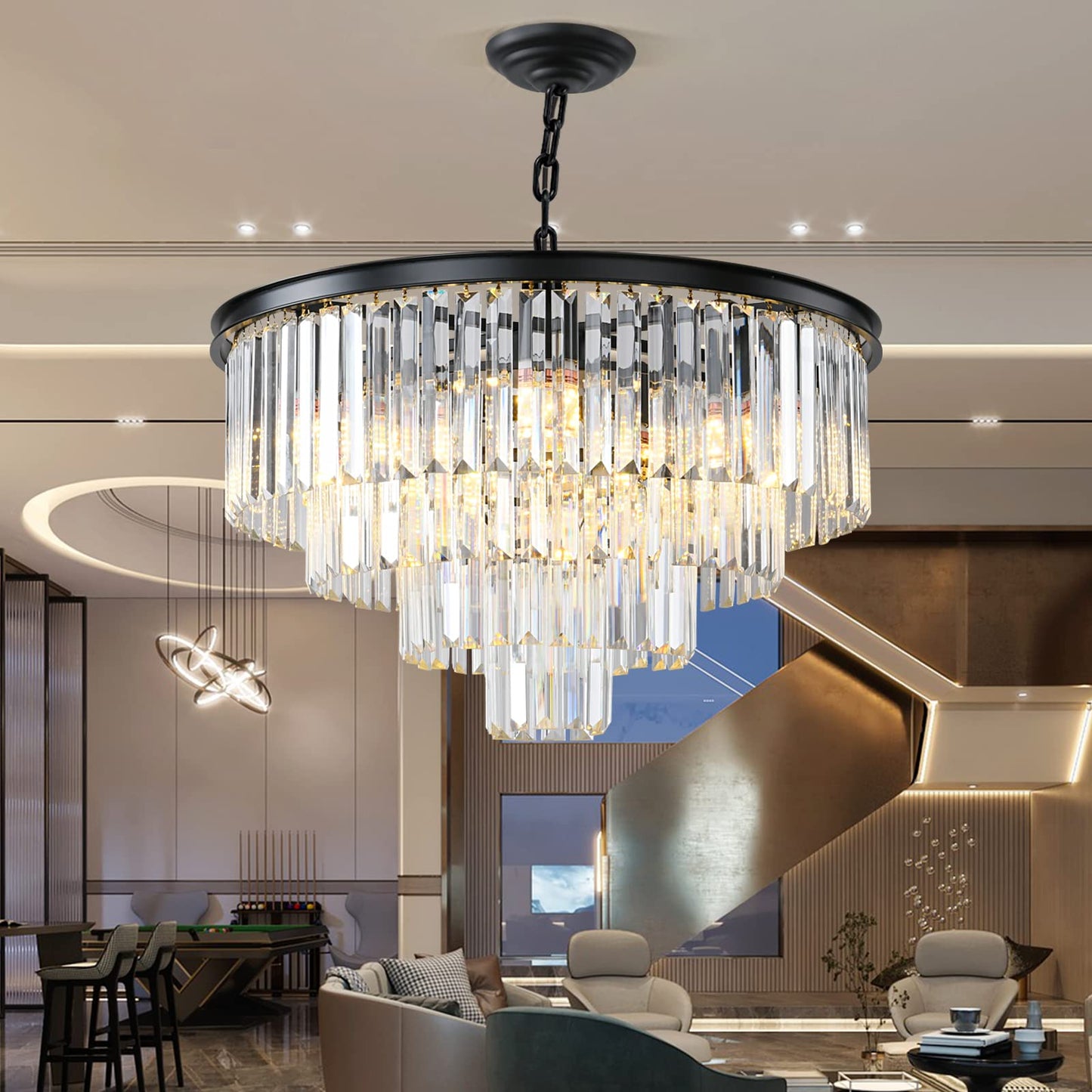 Laiuetai Black Modern Crystal Chandelier  4-Tier Round Flush Mount Ceiling Light Fixtures Height Adjustable Pendant Lighting For Dining Room Living Room Bedroom Kitchen Hotel Foyer