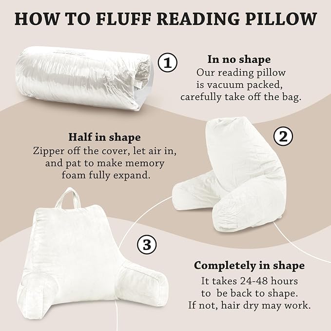 LOVTEX Reading Pillow with Removable Cover, Back Pillow for Sitting Up in Bed with Arms and Pockets, Bed Rest Pillow Adult, 20 x 15 Inches(White)