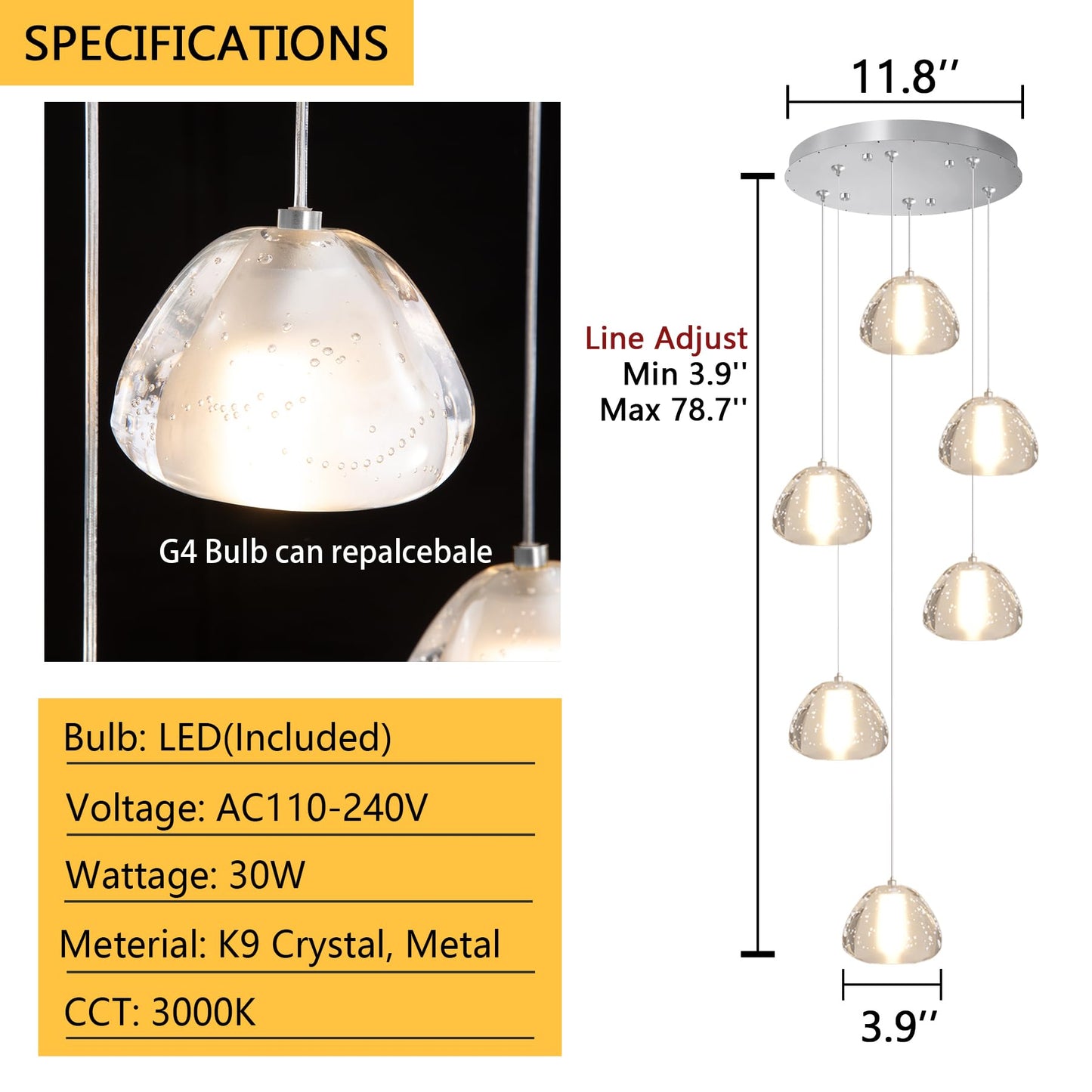 Dolria 6-Lights Pendant Lighting For Entrance Modern Crystal Chandeliers Led Crystal Hanging Lights For Dining Room Bedroom Foyer Staircase Living Room 3000K