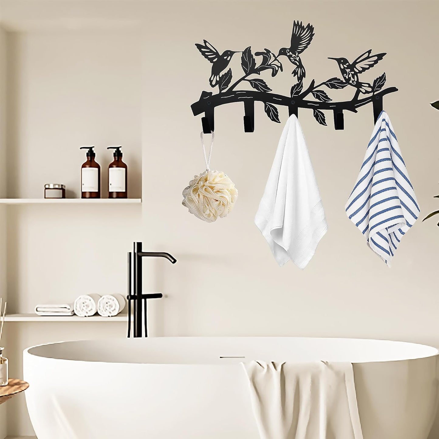 Metal Hummingbird Coat Hooks Wall Art Decor-Hummingbird Hangers and Key Holder-Animal Theme Hooks Sweet Home Decor for Storage, Living Room, Hallway, Office (Black)