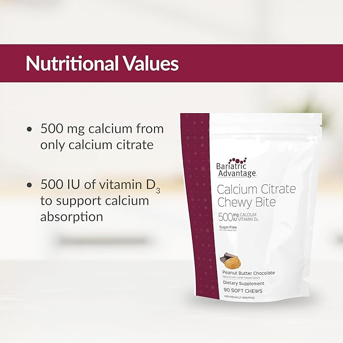 Bariatric Advantage Calcium Citrate Chewy Bites 500 mg - for Bariatric Surgery Patients - Vitamin D3 - Sugar-Free Chewable Calcium Supplement - Bariatric Chews - Peanut Butter Chocolate - 90 Count