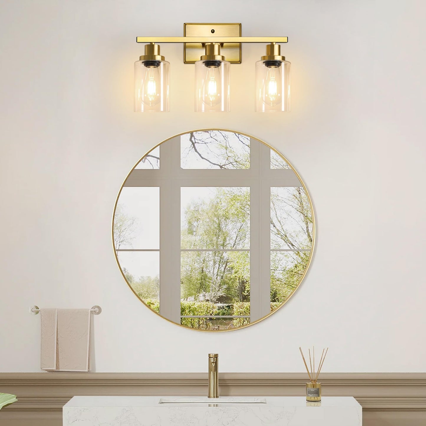 Ascher Bathroom Vanity Light Fixtures  3 Light Wall Sconces Lighting With Clear Glass Shade  Gold Wall Lights For Mirror  Kitchen  Living Room  Gallery  E26 Base (Bulbs Not Included)