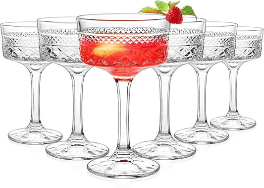 6 Pcs Ribbed Coupe Glasses, 10 oz Vintage Cocktail Coupe Glasses Set, Unique Martini Glass, Classic Galssware, Bar Drinkin...
