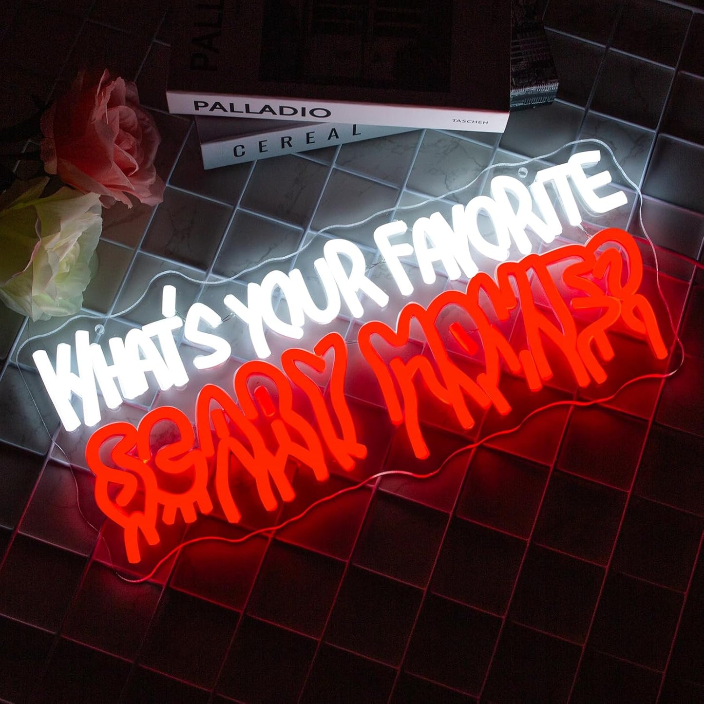 What's Your Favorate Scary Movie Neon Sign, Horror Movies Neon Signs For Wall Decor, Gothic Led Light Up Signs for Room Bar Man Cave Movie Night Party Halloween Decorations Gifts