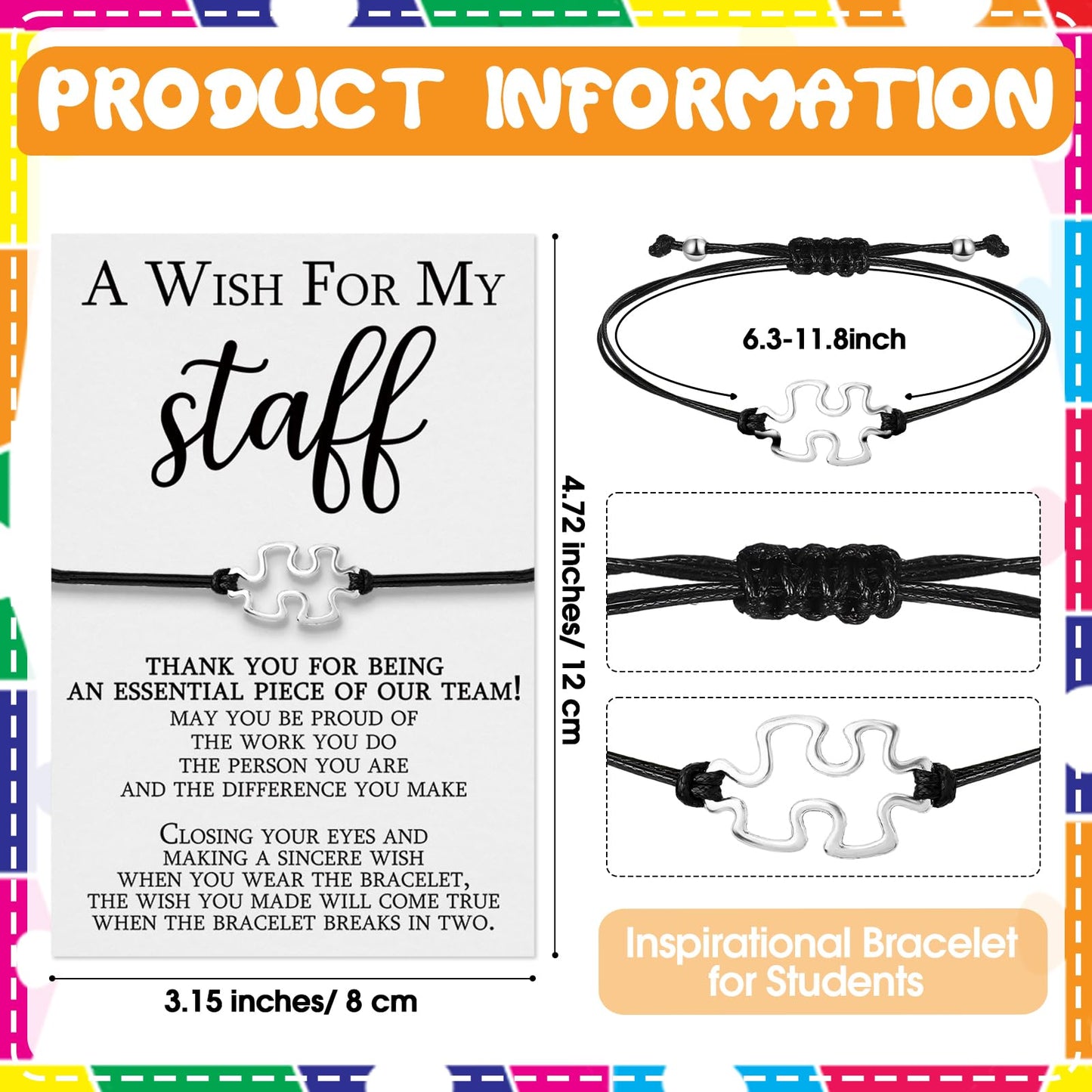 Huquary 72 Sets Staff Appreciation Gifts Bulk Team Puzzle Piece Bracelet Bulk with Employee Thank You Postcard a Wish for My Sta