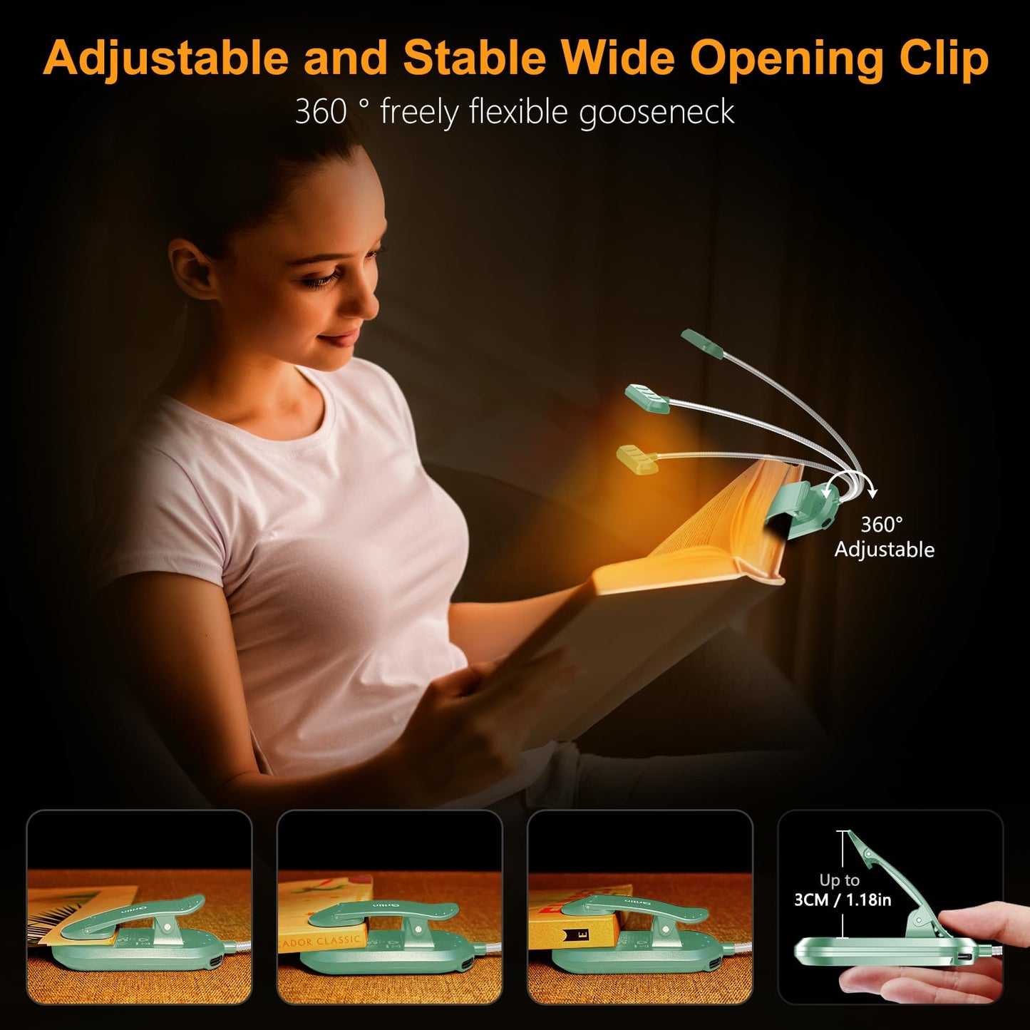 Gritin Rechargeable Book Light with 19 LED, 3 Color Temperatures, 5 Brightness Levels, Flexible Goose Neck, Model G1321, Light Orchid Green