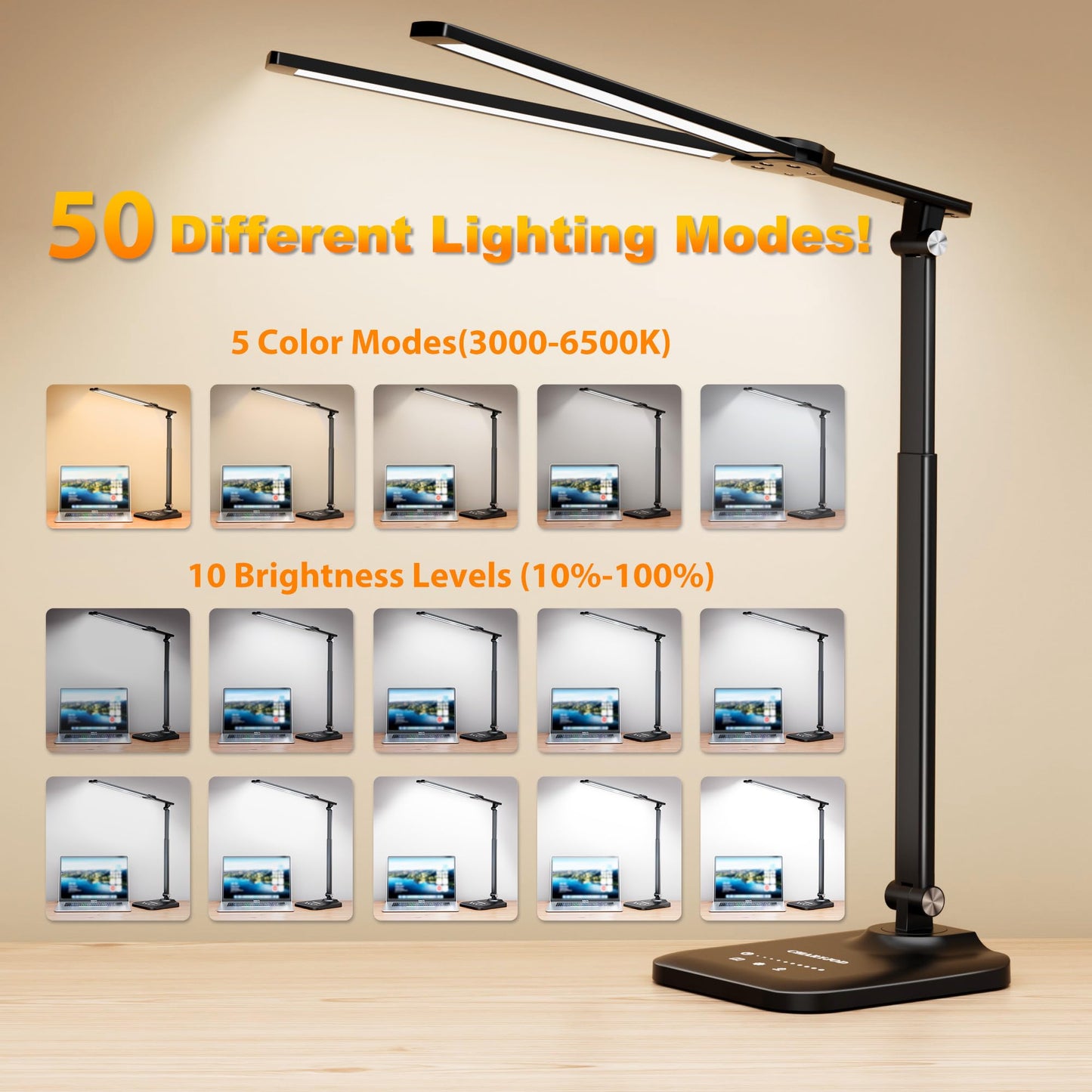 CHARYJOD LED Desk Lamp, Height Adjustable, Stepless Dimming, Aluminum, Black, Model JB007