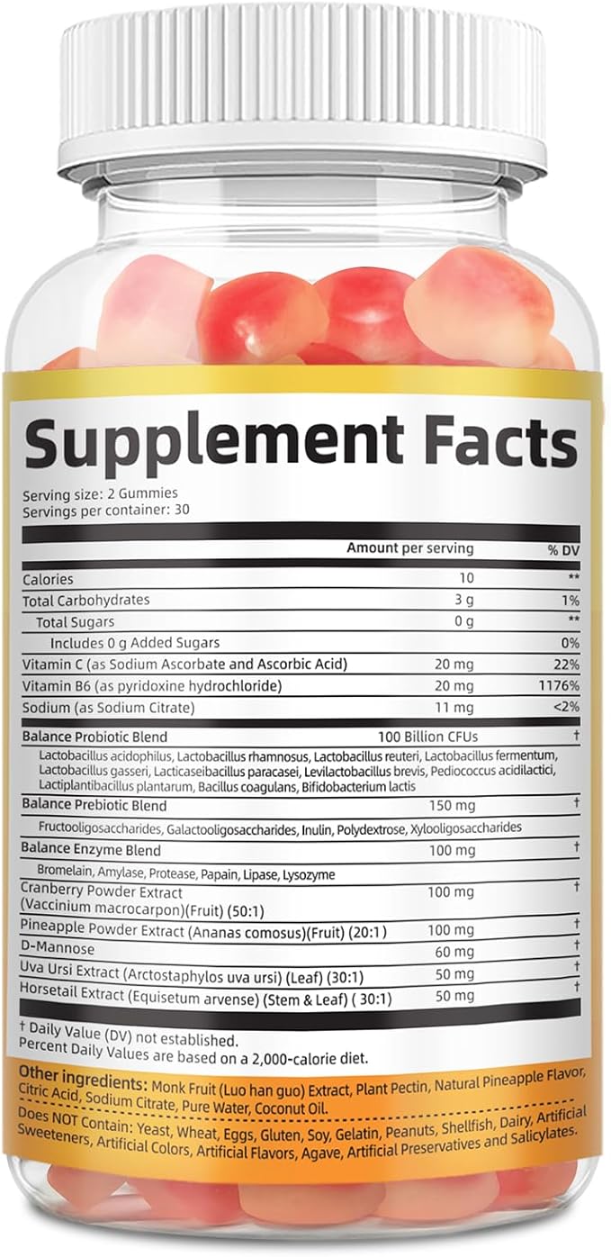 Premium Feminine Balance Gummies, Women’s Health Probiotics, Immune Support, Gut Health, Hormone Balance, PH Balance Vitality, Pineapple Flavor, 60 Count