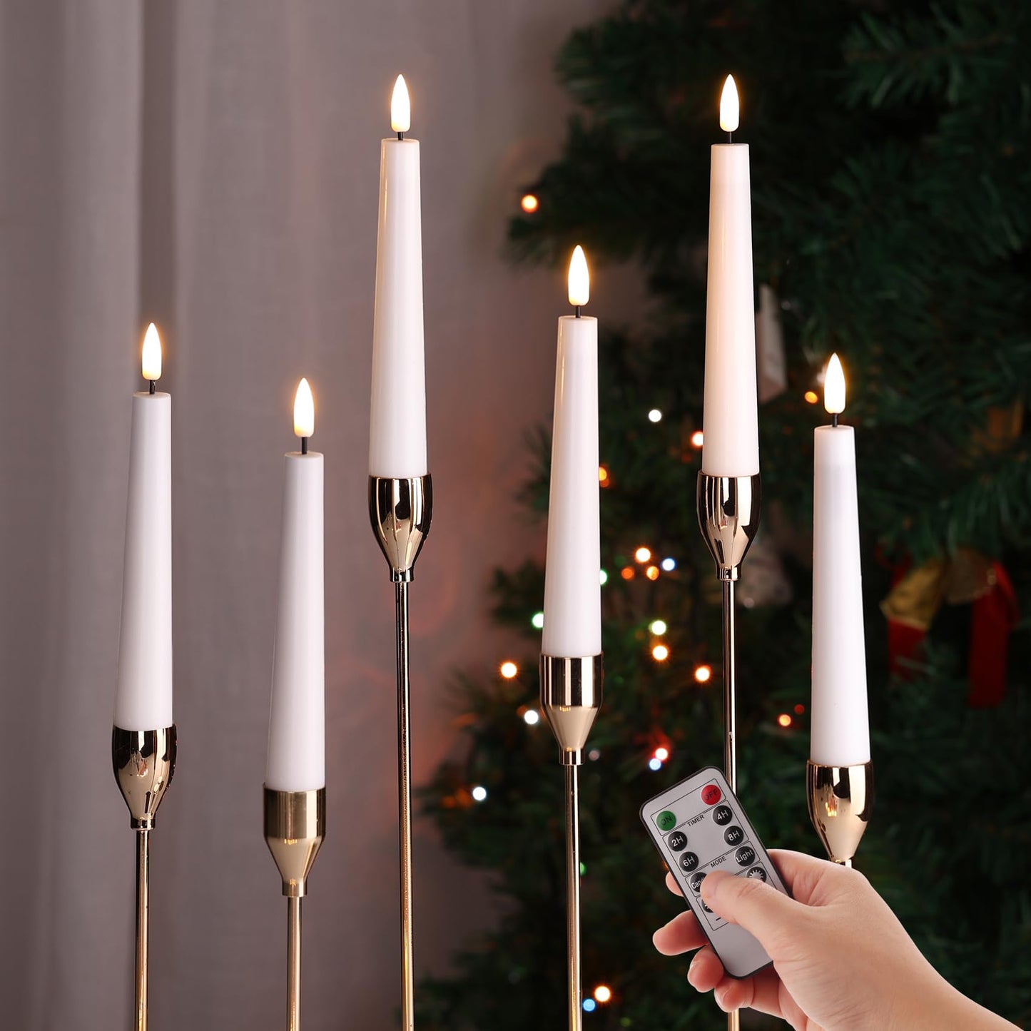 Eywamage Short White Flameless Taper Candles with Remote, Flickering Battery LED Wax Candlesticks Set of 6