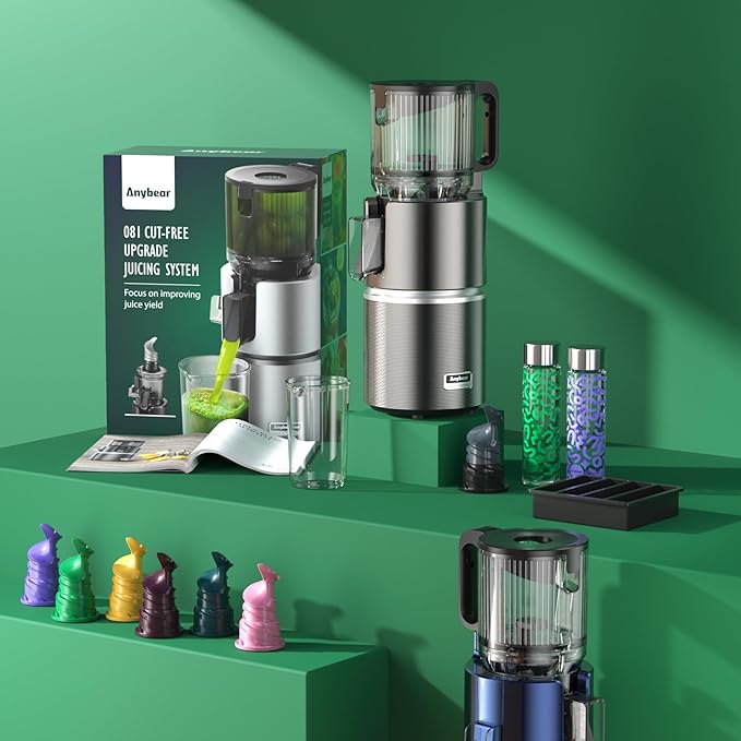 Anybear Cold Press Juicer with 4.9" Large Feed Chute, 350W Masticating Juicer Machines with Dual Slow-Squeezing Technology for Whole Fruits & Veggies with High Yield | BPA-Free Tritan | Juice Recipes