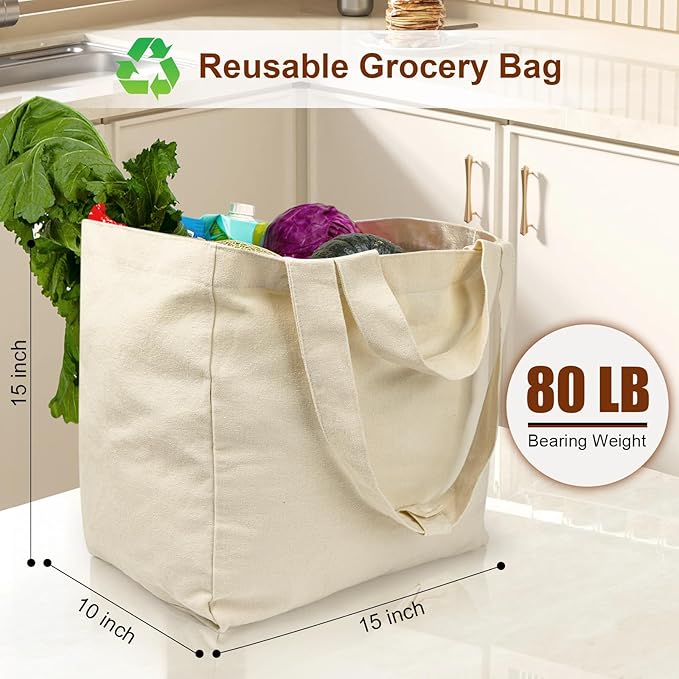 VitaSerena Canvas Grocery Bags with Dual Handles(3 Pack), Large Reusable Shopping Bags for Groceries, Inner Pockets, Washable, Shrink Resistant, Heavy Duty, Foldable