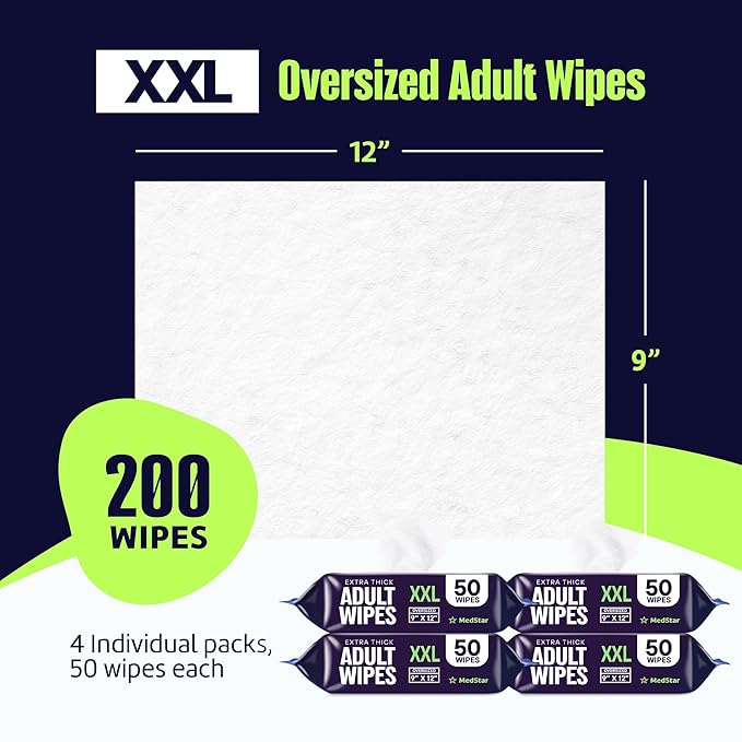 Adult Wipes for Elderly 4 Pack - Hospital Grade Extra Large Extra Thick Disposable Washcloths for Adult No-Rinse Bathing & Shower Alternative - Fragrance-Free XXL