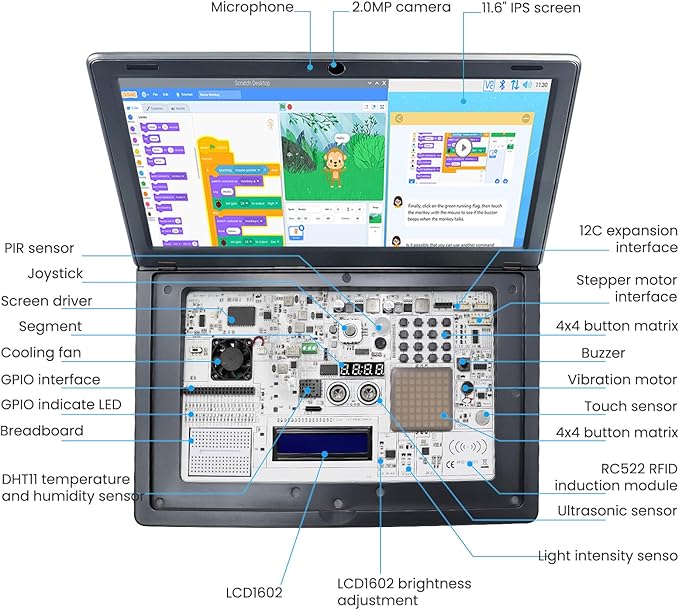 ELECROW CrowPi 2 All-in-one Kit with RPi 5 4GB Board & 11.6 Inch IPS Screen, Compatible for Raspberry Pi 4/5 Laptop, Learning Programming Sensor Kit for Professional Kids Adult (Advanced Kit)
