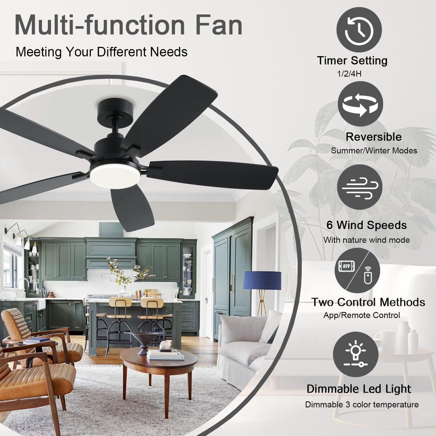 Nkpu 52 Inch Ceiling Fans With Lights, Black Ceiling Fan And Remote/App Control, 2 Downrods, Dc Reversible, Noiseless, Dimmable,