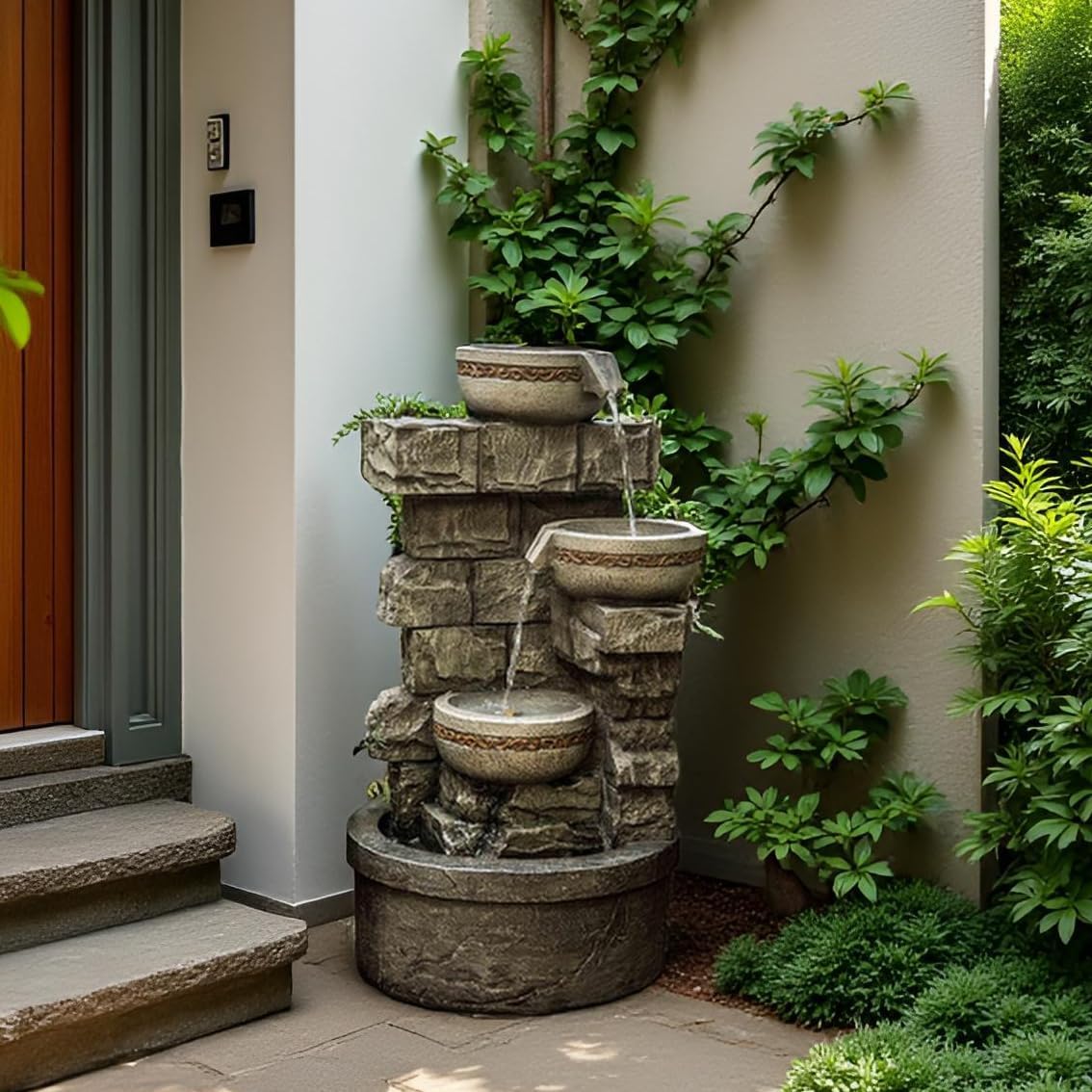 Cheng Pin Water Fountain Outdoor - 28 Inch Tall Cascading Bowls and Stacked Stones Design, Create Relaxing Waterfall Flow Water Feature for Outside Garden, Patio, Backyard