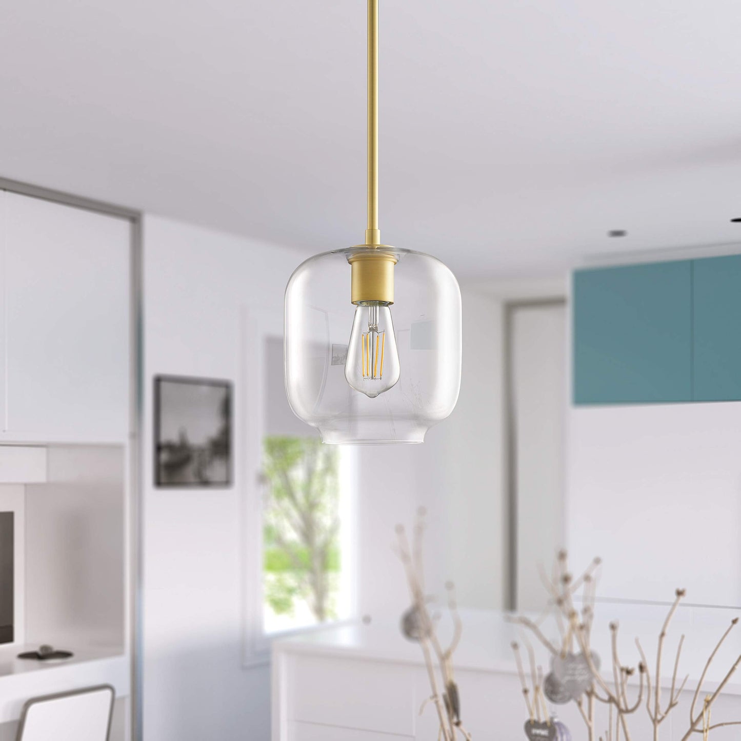 Linea di Liara Piarra Pendant Light, Satin Brass, Square Clear Glass Shade, Model LL-P622-3SB, Ideal for Kitchen Island and Over Sink Lighting