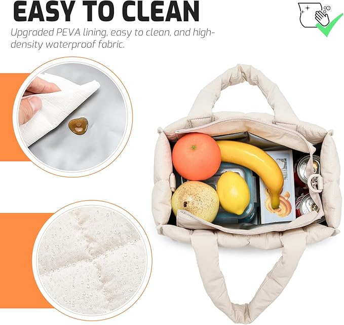 NOL Natural Organic Lifestyle Women's Nylon Lunch Cooler Quilted Tote Bag Puffy Insulated Lunch Bag for Women, Lightweight Waterproof Lunch Box for Work, Picnic, Outdoors, Cream