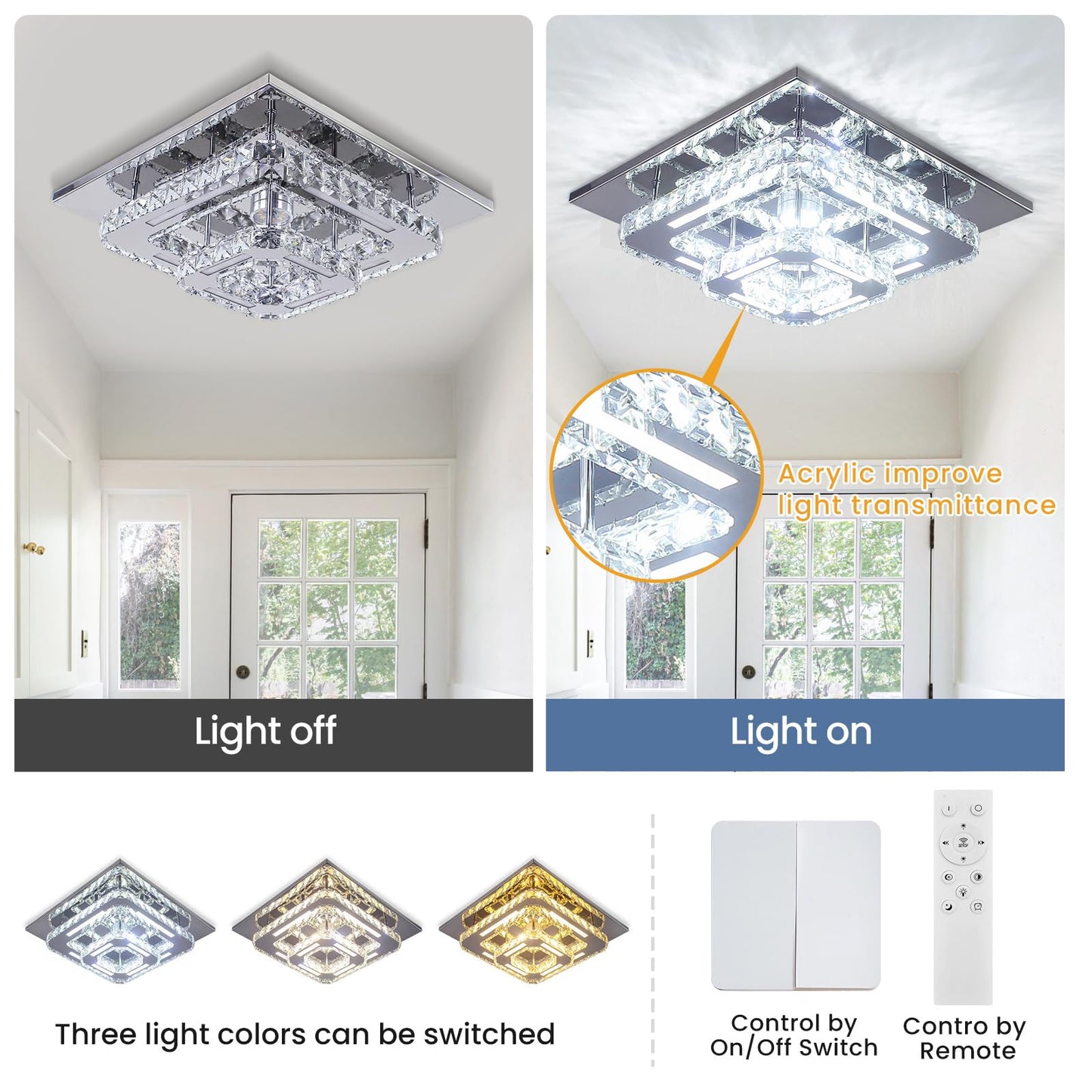 Cxgleaming Modern Crystal Chandelier - 12 Flush Mount Ceiling Light Fixture With Remote Control - Dimmable Led Chandelier For Bedrooms Living Rooms Closet Hallways Bathroom