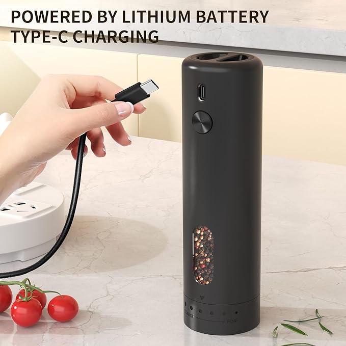Electric Salt and Pepper Grinder Set Automatic Pepper Mill Shakers Adjustable Coarseness Easy Filling Upgraded USB Rechargeable Electric Spice Mill Set with Led (2 Pack Black/Black）