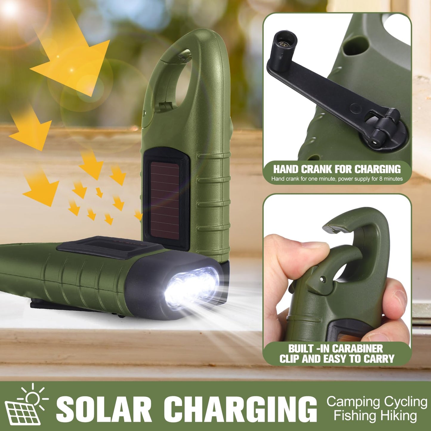 Mudder 6 Pcs Hand Crank Solar Powered Flashlights Emergency Rechargeable Led Handheld Flashlights For Survival Gear Outdoor Sports Camping Hiking Backpack Safety (Green)