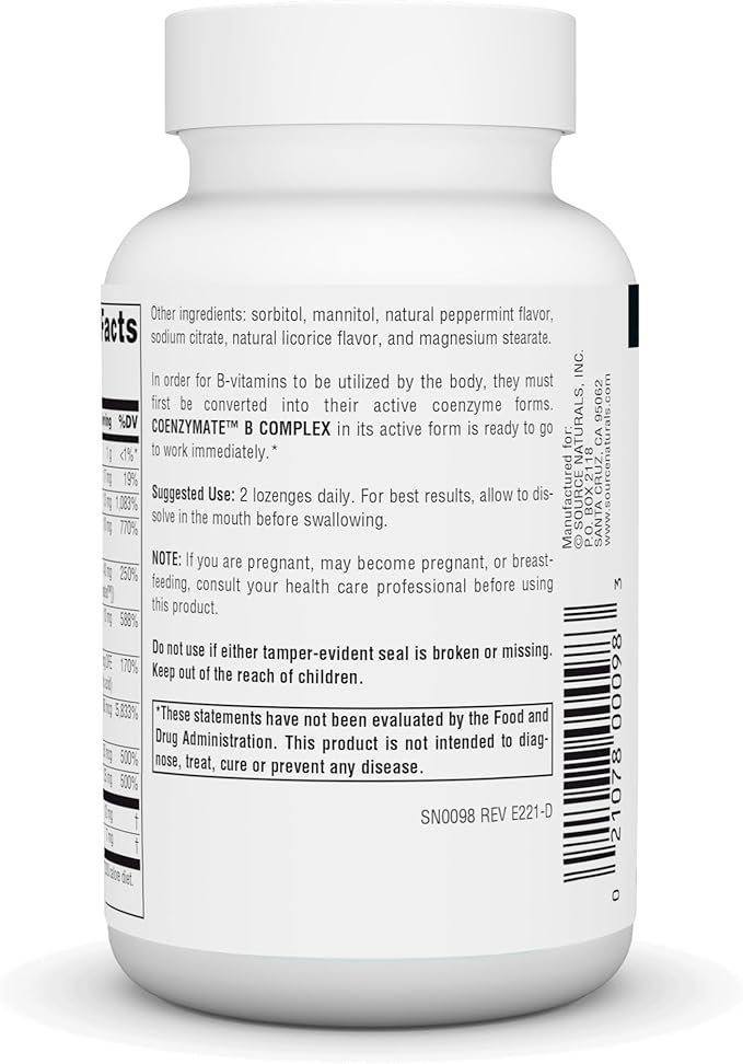 Source Naturals Coenzymate B Complex - Peppermint Flavor That Melts in Mouth - B Vitamins - 120 Lozenges