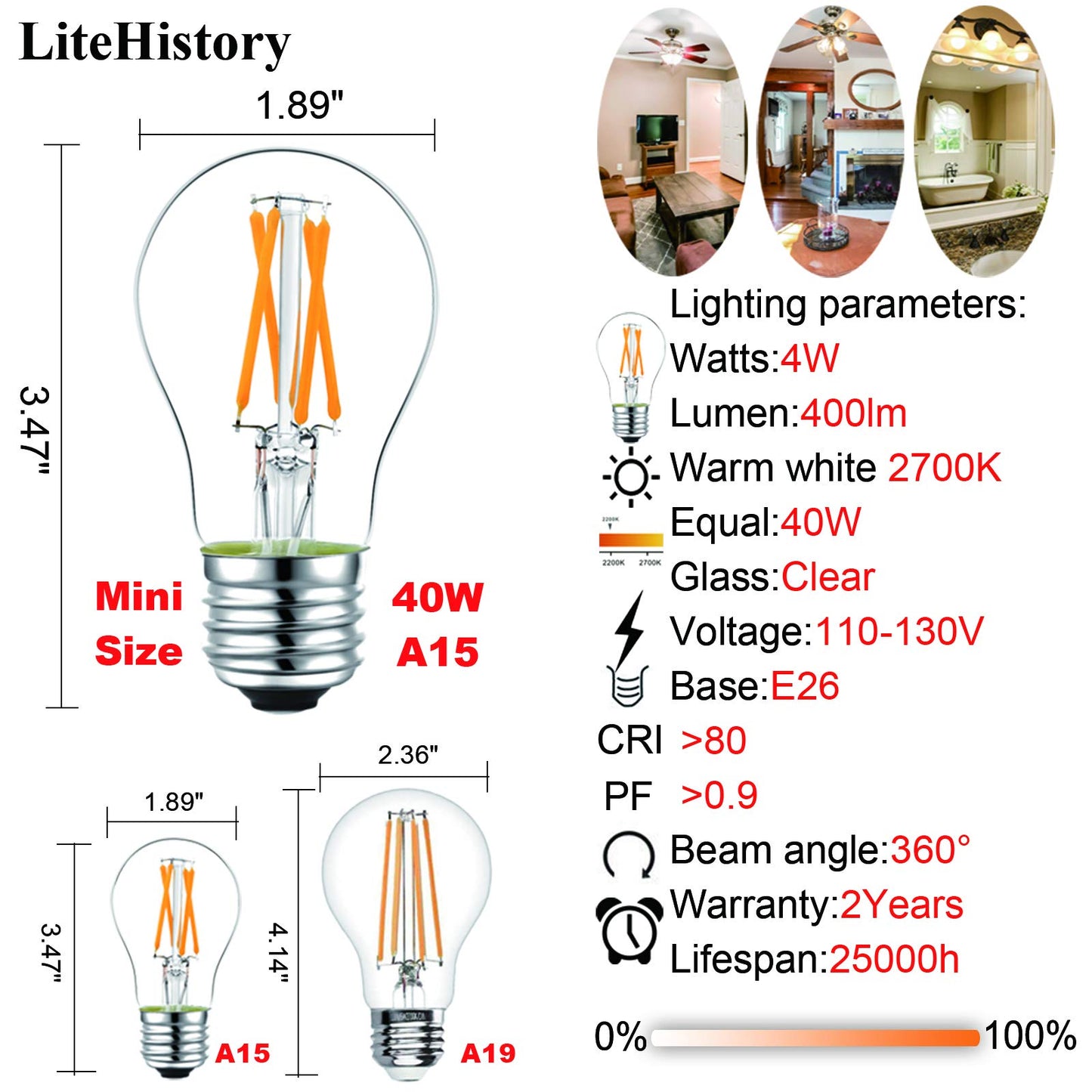 Litehistory A15 Led Bulb 4W (40W Equivalent) Warm White 2700K, Glass, 4 Pack
