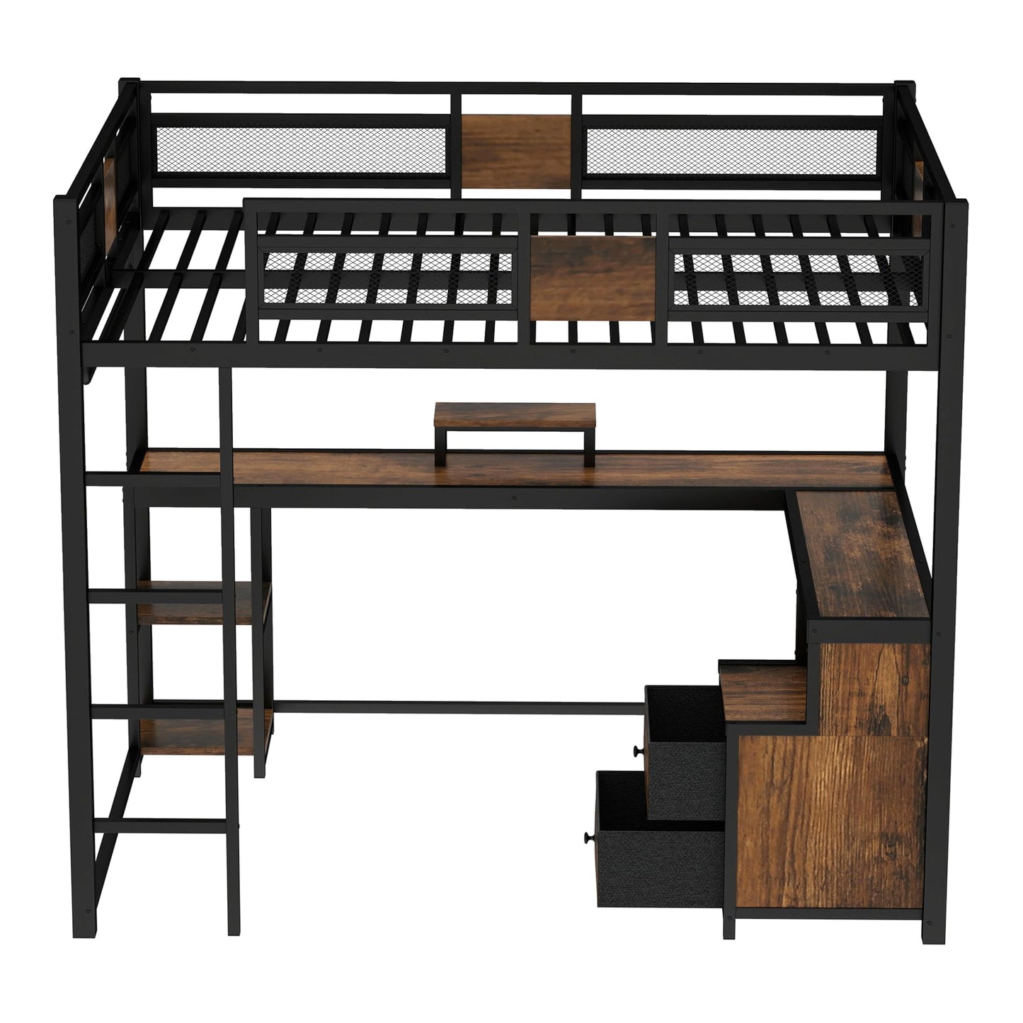Bellemave Queen Loft Bed with Desk & Storage Fabric Drawers & Shelves, Heavy Duty Metal Frame Loft Bed for Adults & Teens, Space Saving Bed for Apartments & Dorm, No Box Spring Needed, Black