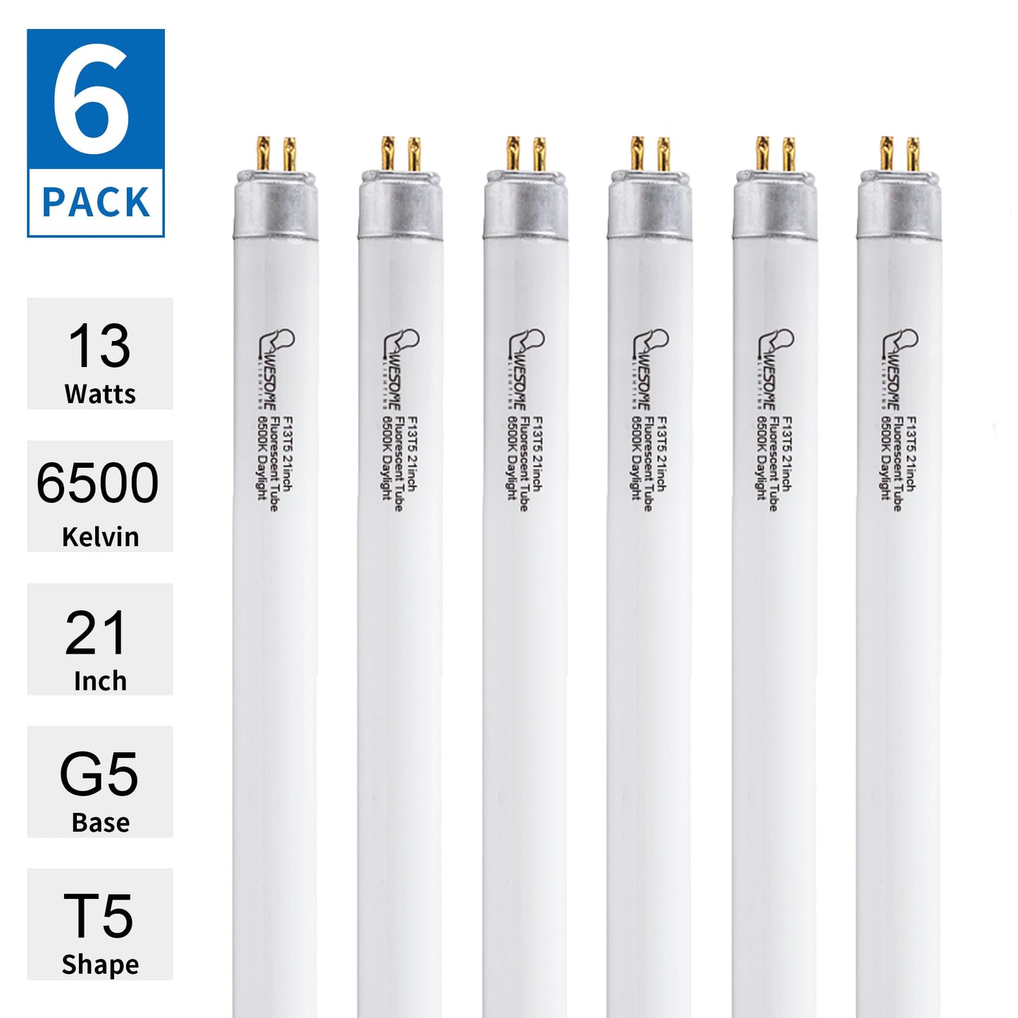 Wesome Lighting 21 Inch F13T5/Dl Fluorescent Light Bulb  6500K Daylight  T5 13 Watts Fluorescent Replacement Bulb For Counter And Cabinet Fixture  G5 Base - 6 Pack