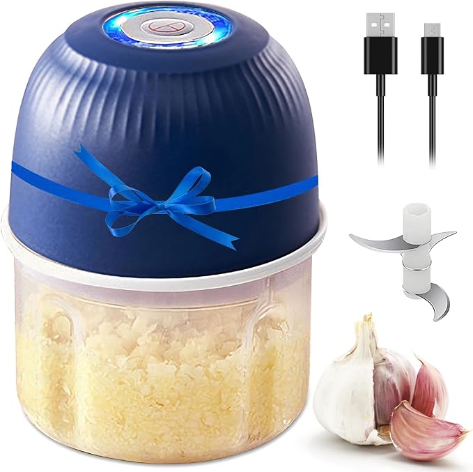 Mini Food Processor Cordless, 250ml Small Garlic Chopper 1 Cup, Battery USB Rechargeable Electric Food Chopper Wireless, Portable Vegetable Meat Blender Kitchen Mixer for Onion, Salad, Xmas Gift(Blue)