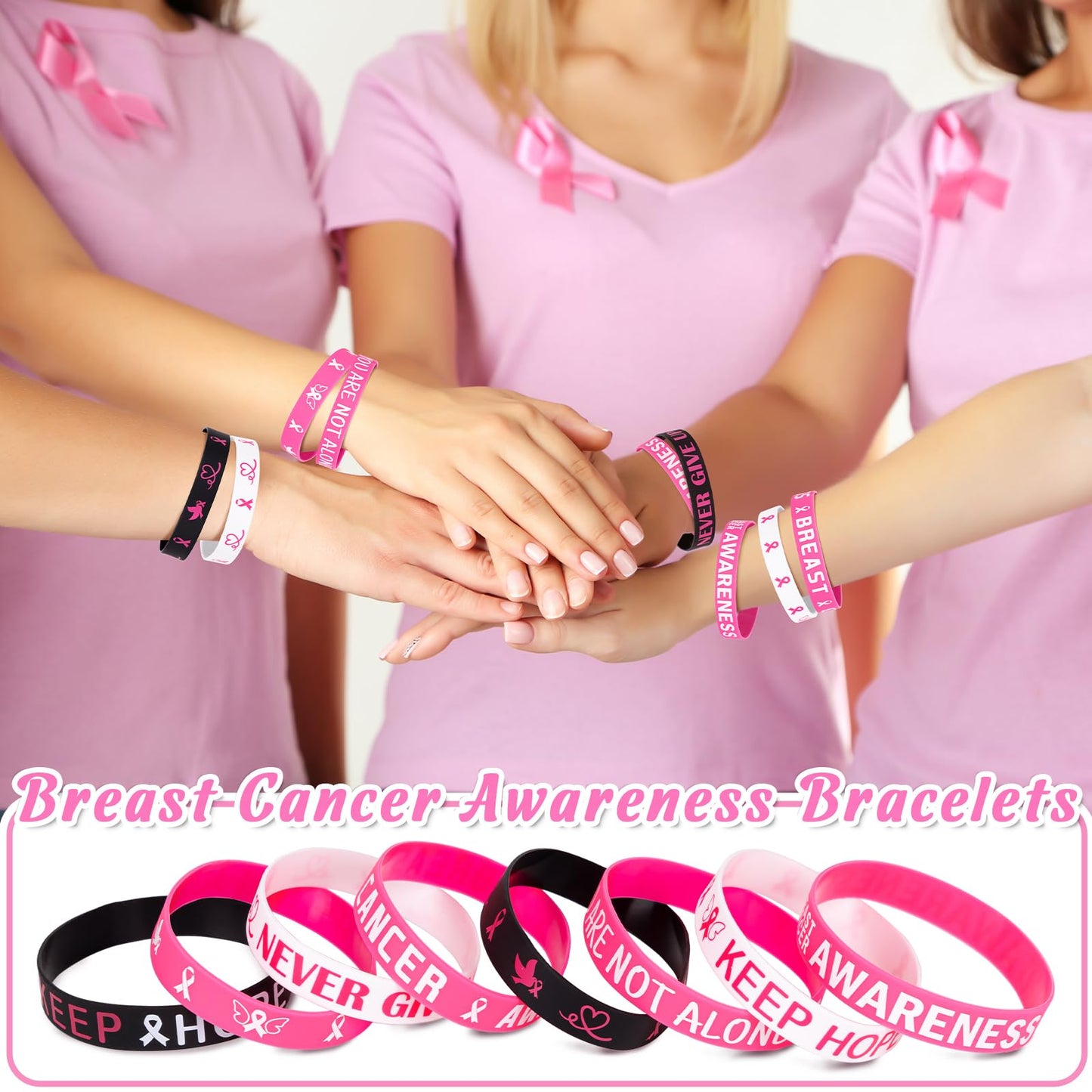Moon Boat 144PCS Breast Cancer Awareness Bracelets Bulk - Pink Ribbons Hope Faith Strength Courage Stretch Wristbands for Women
