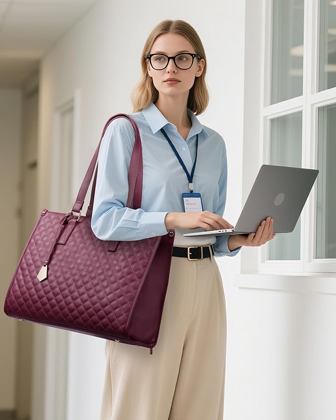 LOVEVOOK Lunch Tote Bag for Women, 15.6 Inch Laptop Bag with Insulated Lunch Compartment, Quilted Large Capacity Computer Handbag with Purse for Business, Work, Nurse, Collage, Office, Casual, Wine