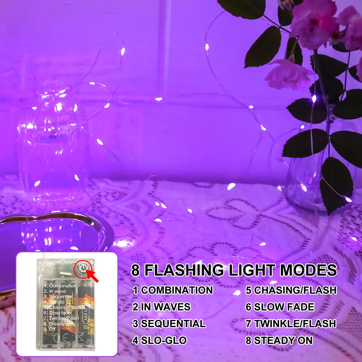 Sinamer Purple Fairy Lights Battery Operated (Included)  8 Modes & Auto Timer  4 Packs 5M 50Led Mini Twinkle Silver Wire Firefly Starry Lights  Waterproof Battery Operated Lights For Tree Bottle