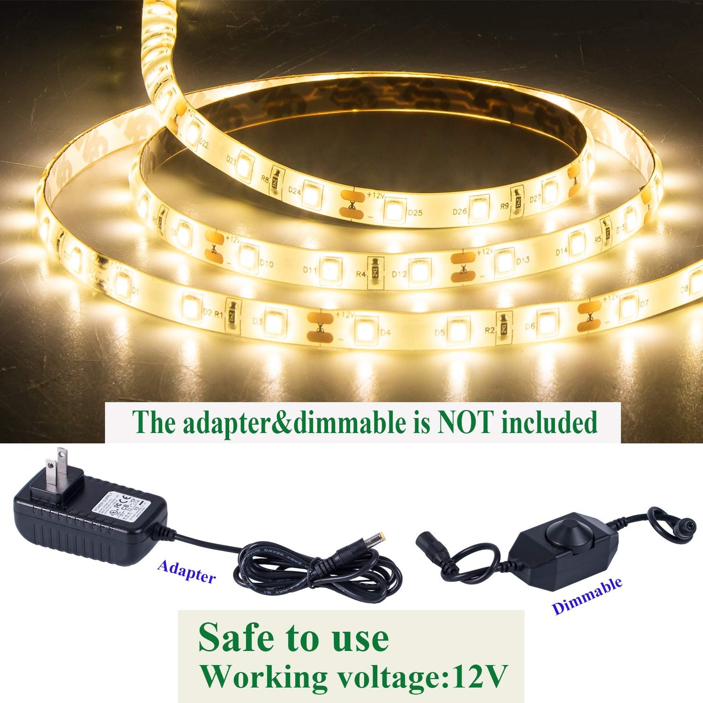 JUNWEN 16.4ft Warm White LED Strip Lights, Waterproof Flexible Indoor/Outdoor Lighting, Cuttable SMD2835, Plug-in