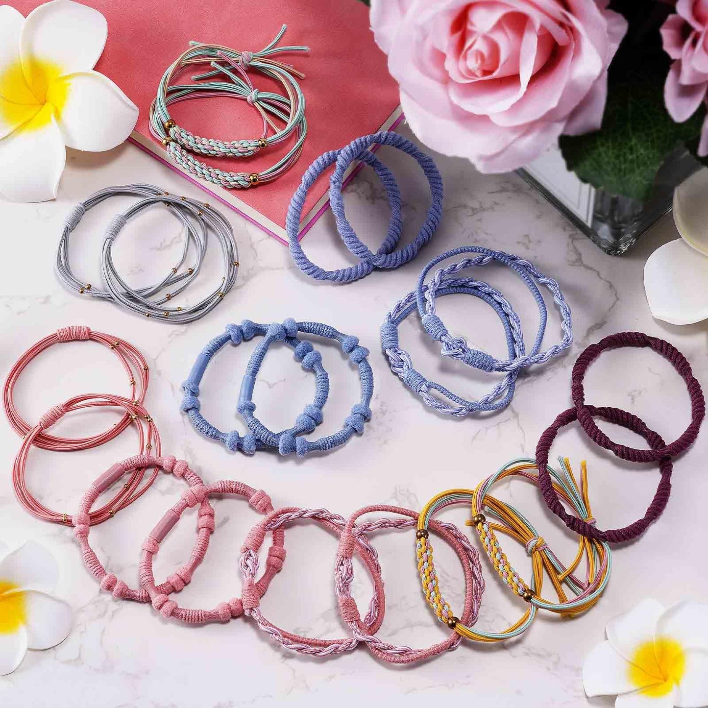 Wgniip 20 Pcs Boho Hair Accessories for Women: 5 Styles Cute Tie Bracelets for Thin and Thick Pony Tails, 10 Colors No Damage El