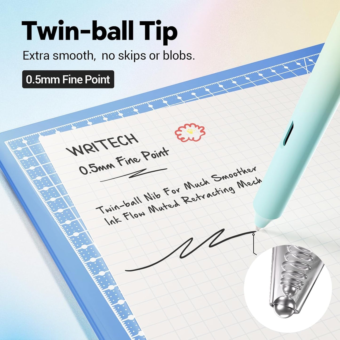 Writech Retractable Gel Ink Pens: 8ct Black Ink 0.5mm Fine Point Tip Pen Comfort Grip Smooth Writing with Aesthetic Gradient Color Barrel for Journaling Note Taking Sketching No Bleed & Smear