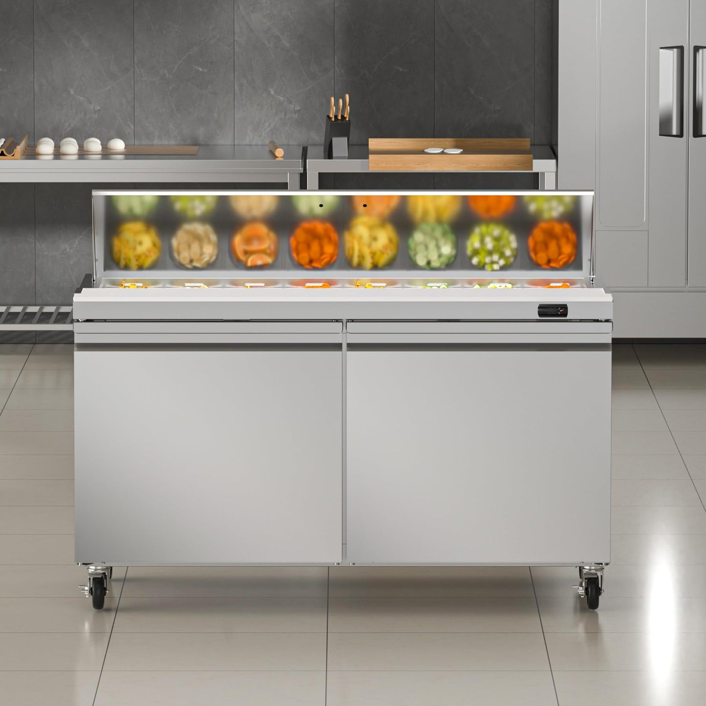 Rockitch 60" W Commercial Refrigerator Sandwich Salad Prep Table, 17.8 Cu.ft 2 Door Commercial Stainless Steel Food Prep Fridge with 16 Pans, Salad Prep Station for Restaurant, Bar, Shop, etc.