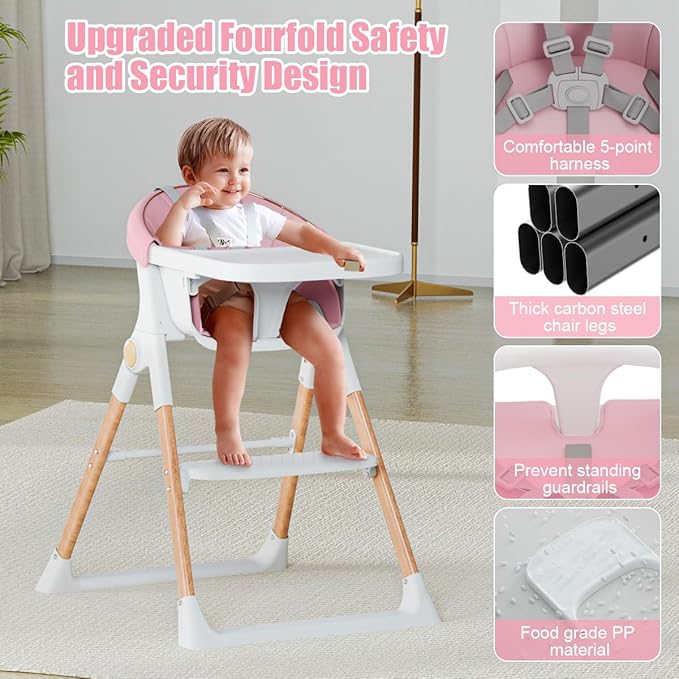 Baby High Chair, High Chairs for Babies and Toddlers, Convertible Folding High Chair with Removable Tray 5 Point Harness Footrest Detachable PU Cushion, Portable Highchair for Baby Toddlers