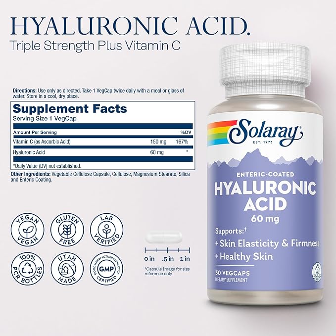 SOLARAY Hyaluronic Acid Triple Strength - Skin Elasticity and Firmness Support - Plus Vitamin C - Lab Verified, 60 Day Money-Back Guarantee, 30 Servings, 30 VegCaps