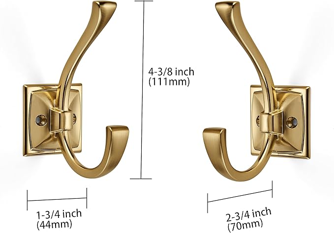 Large Wall Hooks 5 Pack Brushed Gold Coat + Towel Hooks (4.35 Inch Double Robe Hooks) - Mounted with Screws for Key, Towel, Bags, Cup, Hat