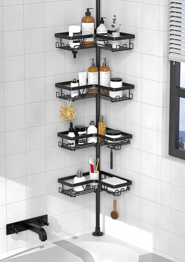 KEGII Corner Shower Caddy Tension Pole - Shower Tension Rod Organizer, Floor to Ceiling Shower Caddy 25-114.2 inch, Towel ...