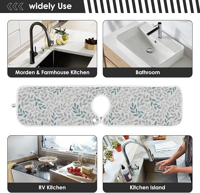 Gray and Blue Leaves Branches Faucet Water Catcher Mat 2 Pack Botanical Herbs Flowers Drying Mat Absorbent Bathroom Faucet Handle Drip Catcher Tray Bar RV Kitchen Sink Splash Guard 30x5 Inches