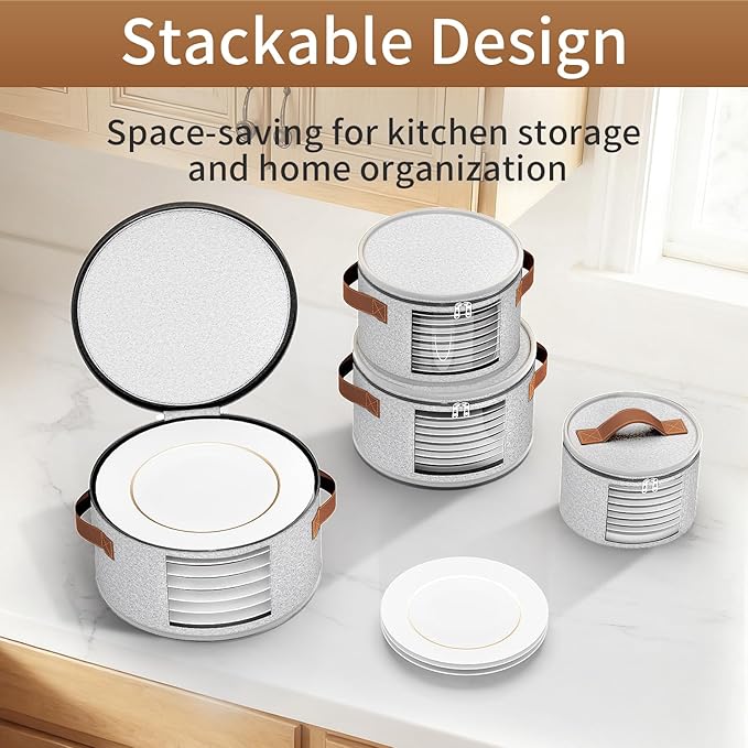 4 Piece Stemware Storage Containers, China Storage Containers with Clear Windows, Hard Shell Dish Storage with Handles for Dishes, Dinnerware, Plates, Light Gray